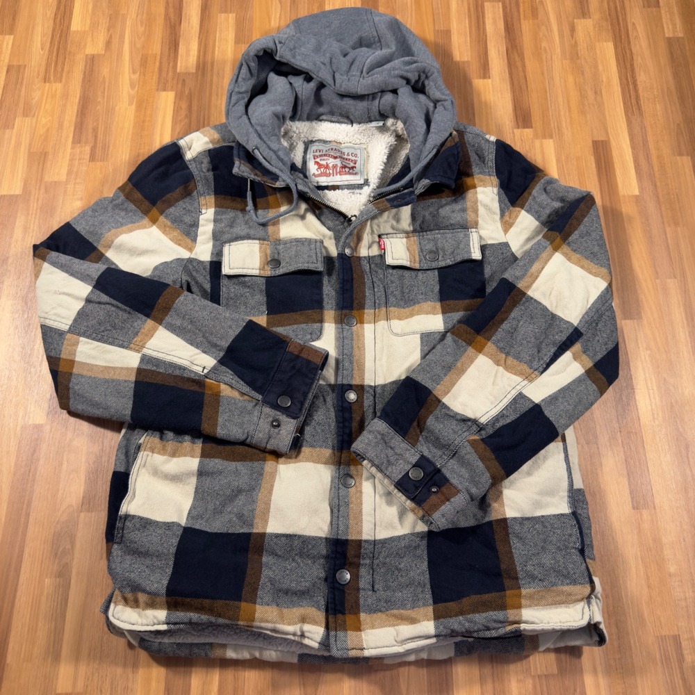 Levis Mens Plaid Hooded Flannel Jacket Sherpa Lined Navy Brown Small RN54163